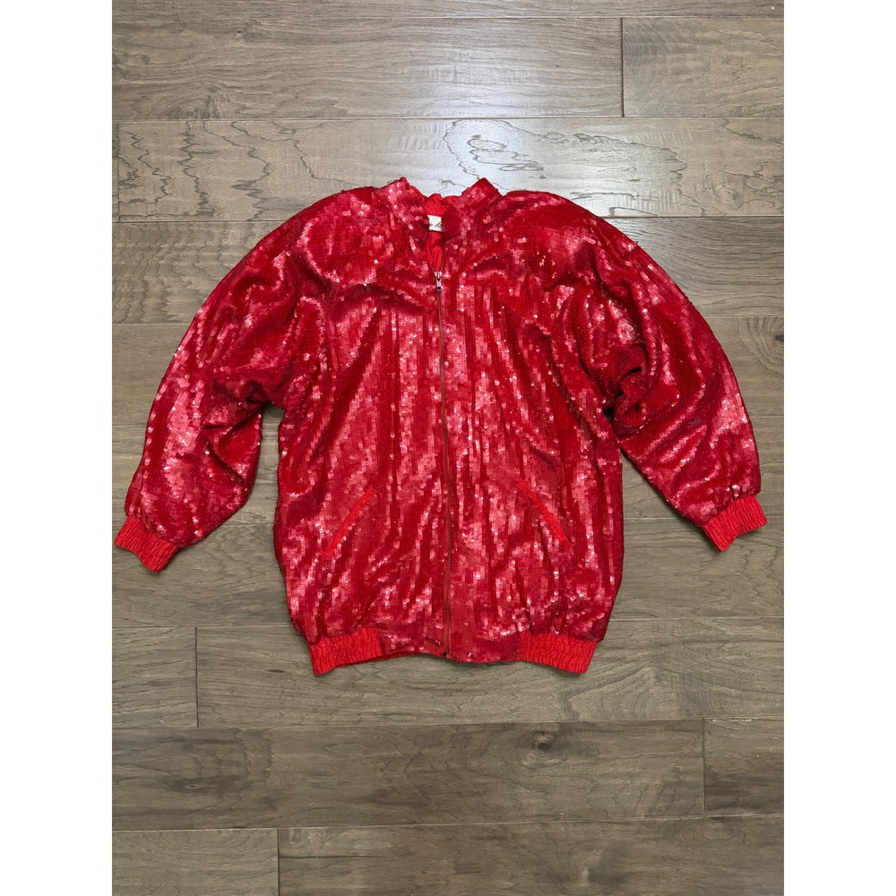 Vintage Lillie Rubin Sequin Bomber Jacket Womens L Red Silk Relaxed Party Glam